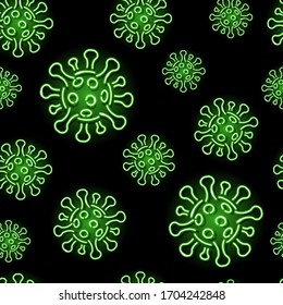 Seamless pattern with neon coronavirus icons on black background. Pandemic, disease, infection, Covid-19 concept. Vector 10 EPS illustration.
