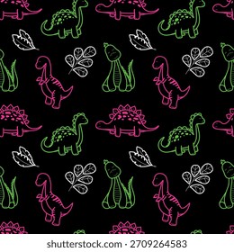 Seamless Pattern of Neon Dinosaurs and Jungle Elements