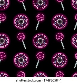 Nahtloses Muster mit Neondonuts und Lollipop auf schwarzem Hintergrund. Süßigkeiten, Bäckerei, Süßigkeiten, mädchenhaft Konzept. Vektorgrafik 10 EPS.