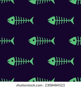 Seamless pattern with neon fish bone skeleton. Can be used for Halloween cards, textile, print. Isolated vector.