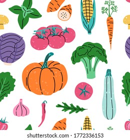 Seamless pattern, neon fresh colorful vegetables, hand drawn elements in doodle style. Vector illustration for fabric and textile on white background. 