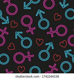 Patrón sin foco. Símbolos neones de género. Hombres y mujeres. Herats. Los colores azul y rojo. Fondo negro.