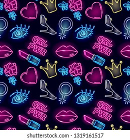 Seamless Pattern With Neon Girly Icons. Girl Power Or Feminist Concept. Vector 10 EPS Illustration.