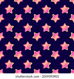 Seamless pattern with neon gradient stars. Cute girly wallpaper. Dark blue sky background.