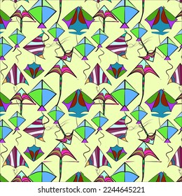 Seamless pattern of neon green,baby blue eyes, shocking pink, mint green, blue jeans, jazzberry jam, maximum yellow red, metallic sunburst color beautiful kites on lemon yellow crayola  background.