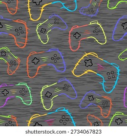Seamless pattern with neon hand drawn game controllers on dark textured background. Colorful gaming illustration for fabric, wallpaper, apparel, streetwear, packaging, and digital design. Perfect for gamer themes, esports visuals, and youth fashion.