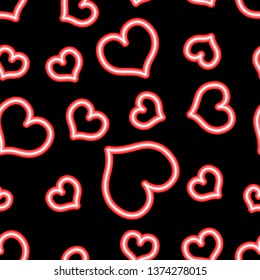 seamless pattern neon heart icon. Glowing sign of love fluorescent colors. Colored vector illustration. line art style. Suitable for design, flyers, brochures, advertising, packaging. 