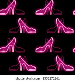Seamless pattern with neon icon of pink female high-heel shoes on dark background. Fashion, women, girly, shopping concept. Vector 10 EPS illustration.