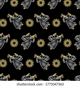 Seamless pattern with neon icons of angels and Christmas stars on black background. Neon night signboard style. Vector 10 EPS illustration.