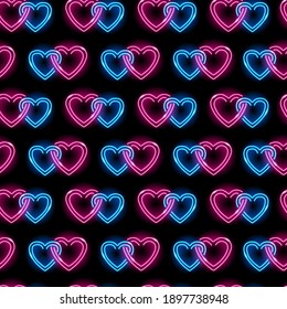Seamless pattern with neon icons of blue and pink intertwined hearts on black background. St. Valentine's Day, wedding, love, romance concept. Vector 10 EPS illustration.