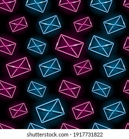 Seamless pattern with neon icons of blue and pink mail envelope on black background. Email, message, letter concept. Vector 10 EPS illustration.