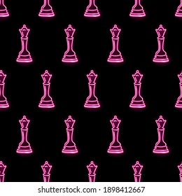 Seamless pattern with neon icons of chess queen on black background. Strategy, game, competition, power concept. Vector 10 EPS illustration.