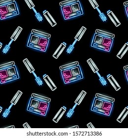 Seamless pattern with neon icons of eye shadows and mascara on black background. Makeup, cosmetics, beauty, girly, fashion concept. Vector 10 EPS illustration.