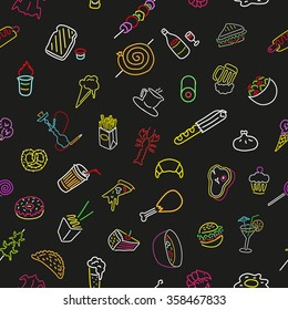 Seamless pattern with neon icons of food and drink. Doodle. Vector. Isolated
