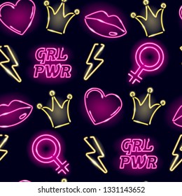 Seamless pattern with neon icons of girly elements on dark background. Girl power or feminism concept. Vector 10 EPS illustration.