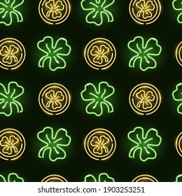 Seamless pattern with neon icons of green clover and golden coins on dark background. Saint Patrick' Day, good luck, treasure concept. Vector 10 EPS illustration.