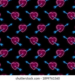 Seamless pattern with neon icons of heart with arrow on black background. St. Valentine's Day, wedding, love, romance concept. Vector 10 EPS illustration.