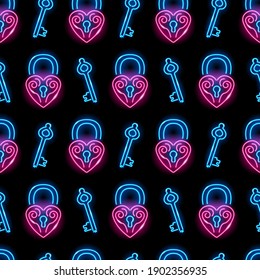 Seamless pattern with neon icons of heart shape lock and key on black background. Valentine's Day, wedding, romance concept. Vector 10 EPS illustration.