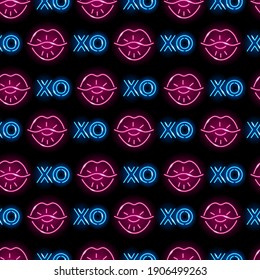 Seamless pattern with neon icons of kissing lips and 'XO' letters on black background. St. Valentine's Day, congratulation, love, romance concept. Vector 10 EPS illustration.