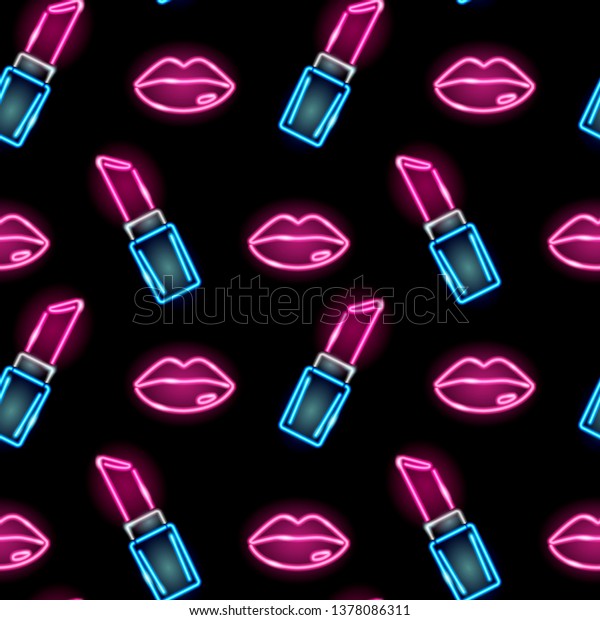 Seamless pattern with neon icons of\
lipstick and female lips on dark background. Cosmetics, girly,\
fachion, makeup concept. Vector 10 EPS\
illustration.