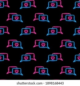 Seamless pattern with neon icons of love chat messages on black background. Valentines Day, love conversation, romance, social network concept. Vector 10 EPS illustration.
