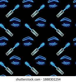 Seamless pattern with neon icons of mascara brush and eyelash on black background. Makeup, cosmetics, beauty, girly, fashion concept. Vector 10 EPS illustration.