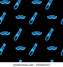 Seamless pattern with neon icons of moustashe and tie on black background. Father's day or male concept. Vector 10 EPS illustration.