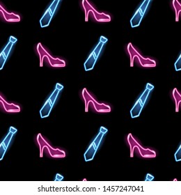 Seamless pattern with neon icons of pink highheel shoes and blue ties on black background. Man and woman symbols. Restrooms or dresscode concept. Vector 10 EPS illustration