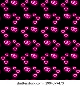 Seamless pattern with neon icons of pink hearts on black background. Valentines Day, love, romance, wedding concept. Vector 10 EPS illustration.