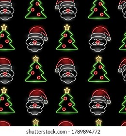Seamless pattern with neon icons of Santa faces and Christmas trees on black background. Winter holidays, X-mas, New Year concept for wallpaper, wrapping, print. Vector 10 EPS illustration.
