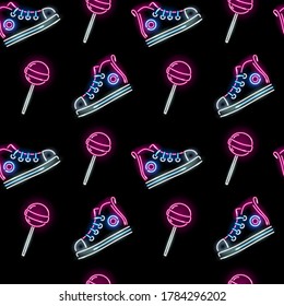 Seamless pattern with neon icons of sneakers and lollipops on black background. Girl, trendy, footwear, cute concept for wallpaper, wrapping, print. Vector 10 EPS illustration.