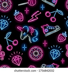 Seamless pattern with neon icons of unicorn face, strawberry, diamond, cherry, donut, lollypop, sneaker on black background. Children or girly concept. Vector 10 EPS illustration.