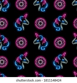 Seamless pattern with neon icons of unicorn face and donuts on black background. Children or girly teenage concept. Vector 10 EPS illustration.