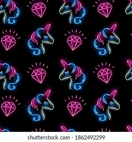 Seamless pattern with neon icons of unicorn face and pink diamonds on black background. Girly, dream, jewelry concept for wallpaper, print or wrapping paper. Vector 10 EPS illustration.