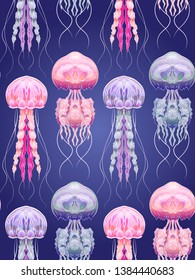 Seamless pattern with Neon jellyfish  in depth. Marine residents. Vector texture for fabrics, wallpapers and your creativity