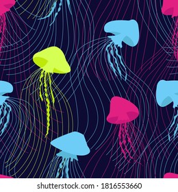 Seamless pattern neon jellyfish on dark background. Design with jellyfish. Stylized deep sea animal pattern for fabric design. Flat vector illustration.