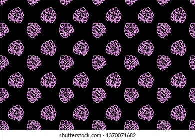 seamless pattern neon leaves monstera icon. Glowing sign of monstera exotic leaves. Tropical palm. leaves in neon, fluorescent colors. Colored vector illustration. line art style