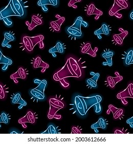 Seamless pattern with neon loudspeaker or megaphone icons on black background. Loud, volume, announcement, concept. Vector 10 EPS illustration.