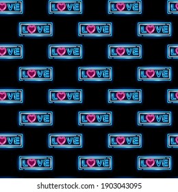 Seamless pattern with neon 'love' word in night signboard style on black background. Valentines Day, wedding,  romance concept. Vector 10 EPS illustration.
