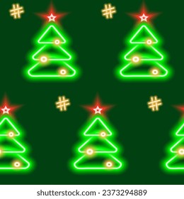 Seamless pattern of neon luminous Christmas tree with a star on the top, Christmas toys and hashtags