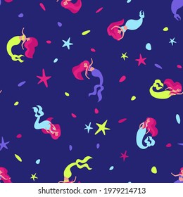 Seamless pattern with neon mermaids on a dark background. Design for baby products with a fairytale hero. Flat vector illustration.