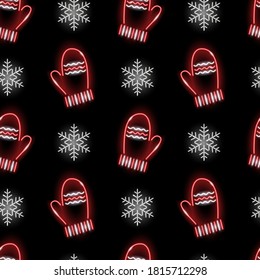Seamless pattern with neon mittens and snowflakes on black background. Winter holidays, Christmas, knitting, concept for wallpaper, wrapping, print. Vector 10 EPS illustration.