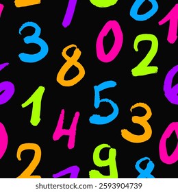 Seamless Pattern of Neon Numbers on Black Background. 
