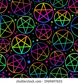 seamless pattern of neon pentagrams on black background