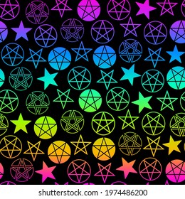 seamless pattern of neon pentagrams on black background