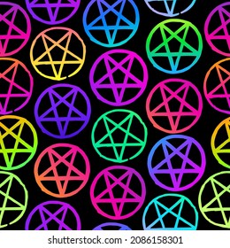 seamless pattern of neon pentagrams on black background