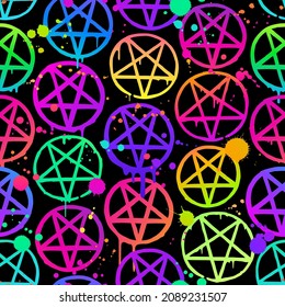 seamless pattern of neon pentagrams on black background
