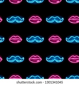 Seamless pattern with neon pink and blue icons of lips and moustache on black background. Male and female symbols. Vector 10 EPS illustration