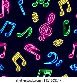 Seamless Pattern With Neon Pink, Blue, Green, Yellow Music Notes On Dark Background. Vector 10 EPS Illustration.