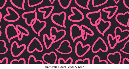 Padrão contínuo de contornos de coração rosa neon no fundo de carvão escuro. Textura romântica ousada para o Dia dos Namorados envolvendo, papelaria, tecido, embalagem, cartaz e marca na moda para notas de amor.